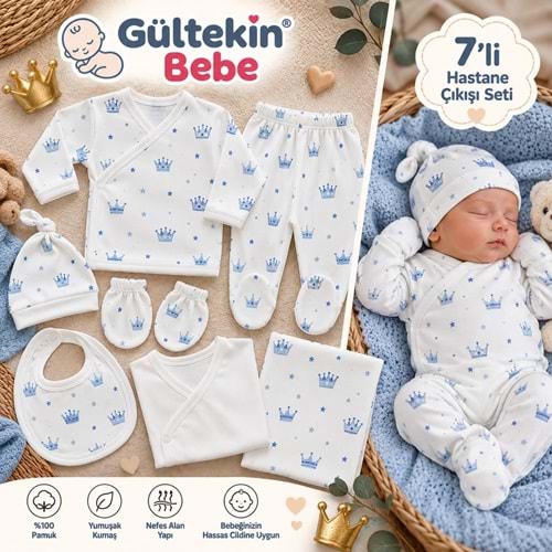 Babymed Taç Desenli Kız Ve Erkek 7 Li Hastane Çıkışı -BA165306 - MAVİ
