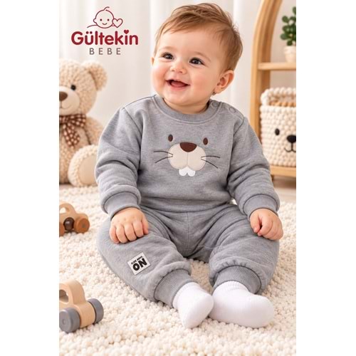 Vovido Sincap Nakışlı 3 İplik Şardonlu Erkek İkili Takım 9-24 Aylık -AL3307366 - GRİ