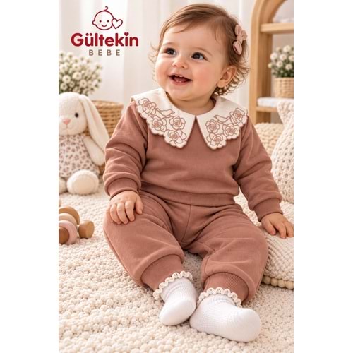 Vovido Yaka Güllü 3 İplik Şardonlu Kız İkili Takım 9-24 Aylık -AL3315366 - AÇIK KAHVE