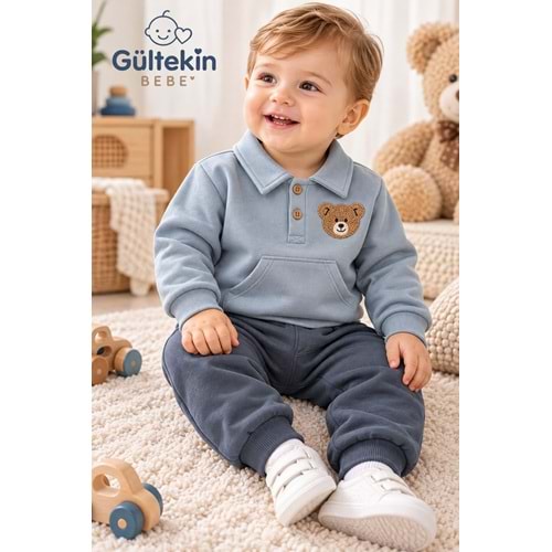 Vovido Ayıcık Nakışlı Yakalı 3 İplik Şardonlu Erkek İkili Takım 9-24 Aylık -AL3303366 - MAVİ