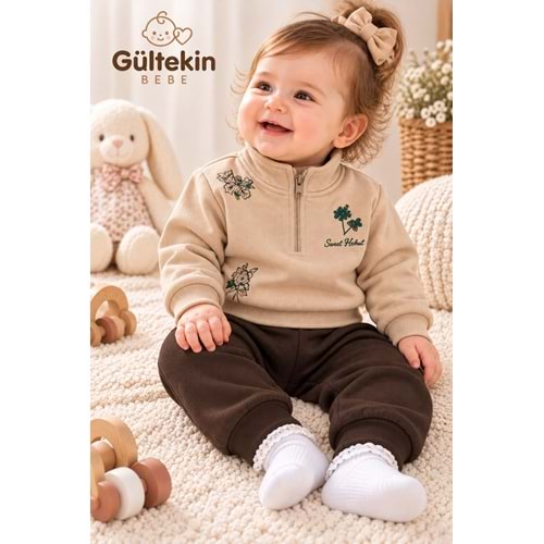 Vovido Palmiye Nakışlı 3 İplik Şardonlu Kız İkili Takım 9-24 Aylık -AL3341383 - AÇIK KAHVE