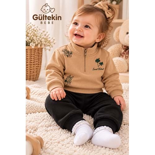 Vovido Palmiye Nakışlı 3 İplik Şardonlu Kız İkili Takım 9-24 Aylık -AL3341383 - KAHVERENGİ