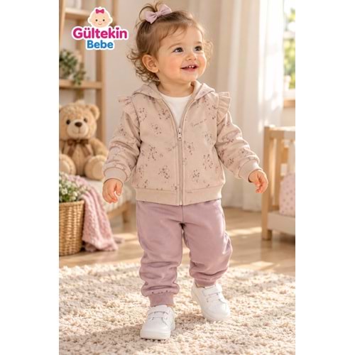 Iggy Flower Desenli 3 İplik Şardonlu Ceketli Üçlü Takım 9-24 Aylık -AL126492527 - BEJ