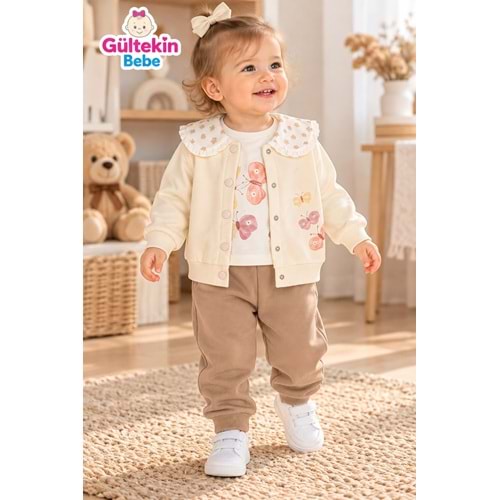 Iggy Butter Fly Desenli 3 İplik Şardonlu Ceketli Üçlü Takım 9-24 Aylık -AL126498527 - BEJ