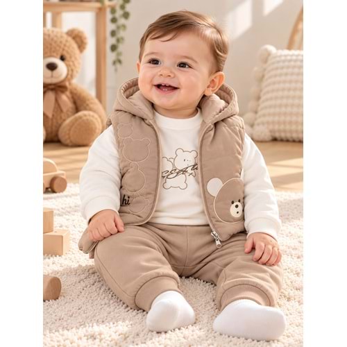 Baby Hi Erkek Ayı Desenli Erkek Üçlü Takım 6-18 Aylık -DÜ919450 - AÇIK KAHVE