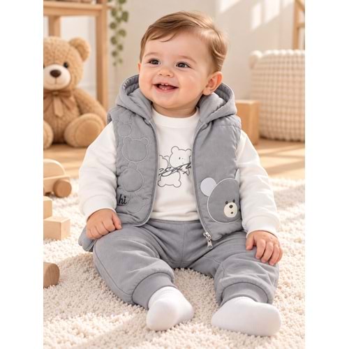 Baby Hi Erkek Ayı Desenli Erkek Üçlü Takım 6-18 Aylık -DÜ919450 - GRİ