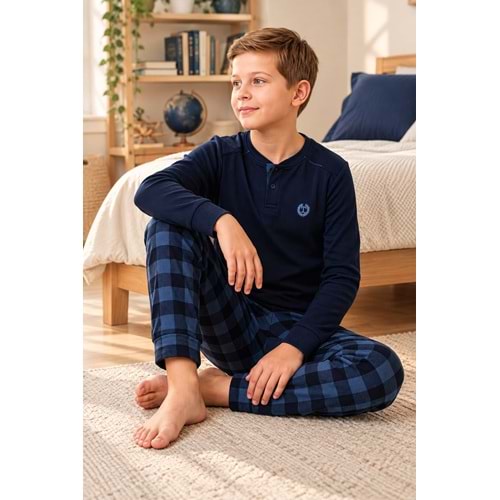 Tarık İnterlok Kumaş Kareli Gez Boy Erkek Pijama Takım 11-16 Yaş -TA4471470 - LACİVERT