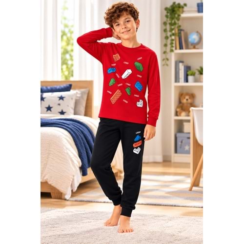 Tarık Garson Boy İnterlok Kumaş Baskılı ERKEK Pijama Takımı 6-10 Yaş -TA4422360 - KIRMIZI