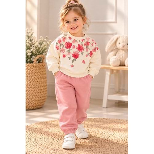 Wow Kids Papatya Çiçek Nakışlı Kız Üç İplik İkili Takım 1-4 Yaş -KAY11215240 - PEMBE