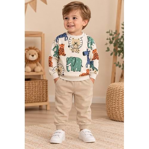 Wow Kids Hayvanlar Baskılı Erkek Üç İplik Şardonlu İkili Takım 1-4 Yaş -KAY11136212 - BEJ