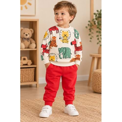 Wow Kids Hayvanlar Baskılı Erkek Üç İplik Şardonlu İkili Takım 1-4 Yaş -KAY11136212 - KIRMIZI