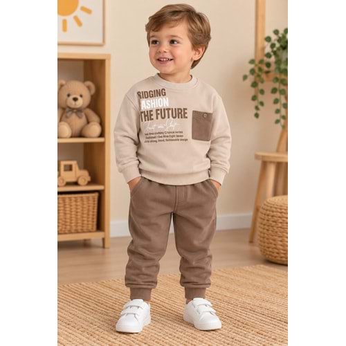 Wow Kids Future Baskılı Cepli Düğmeli Erkek Üç İplik İkili Takım 1-4 Yaş -KAY11124230 - KAHVERENGİ