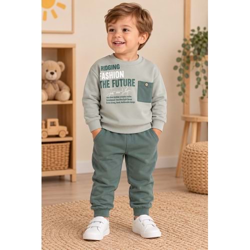 Wow Kids Future Baskılı Cepli Düğmeli Erkek Üç İplik İkili Takım 1-4 Yaş -KAY11124230 - SU YEŞİLİ