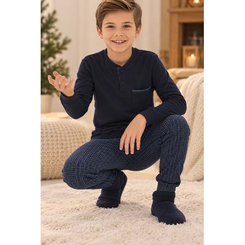 Tarık Termal Kareli Gez Boy Erkek Pijama Takımı 11-16 Yaş -TA4477410 - LACİVERT