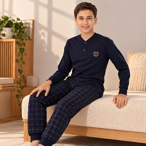 Tarık 11-16 Yaş Erkek Çocuk Pijama Takım T Armalı -TA4208320 - LACİVERT