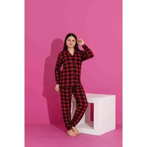 Tarık 10-15 Yaş Kız Çocuk Kareli Pijama Takımı 3075245 - KIRMIZI