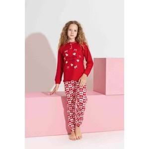 Tarık 10-15 Yaş Kız Çocuk Kalpli Kanaviçe Baskılı İnterlok Pijama Takımı 3192320 - KIRMIZI
