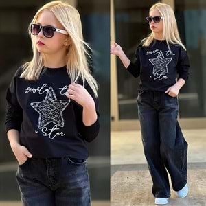 Yıldız Aplikeli Kız Takım 5-14 Yaş-13246775 - SİYAH