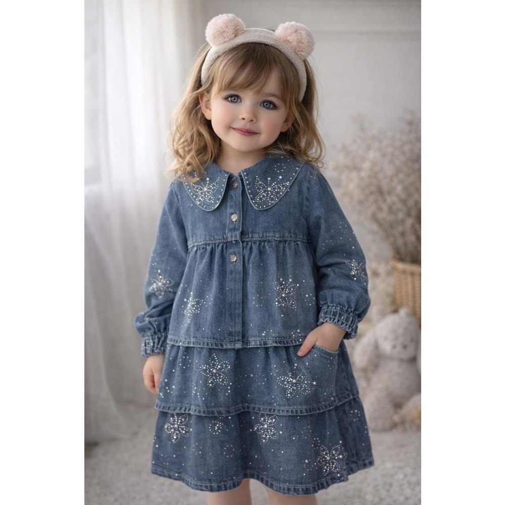 Papi Kelebek Taşlı Kot Elbise 4-12 Yaş-2113485 - MAVİ