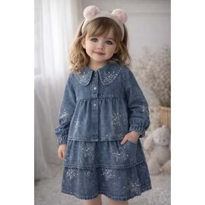 Papi Kelebek Taşlı Kot Elbise 4-12 Yaş-2113485 - MAVİ