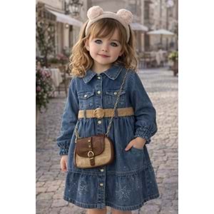 Sago Beli Kemerli Çantalı 2-5 Yaş Kot Elbise-2261360 - MAVİ