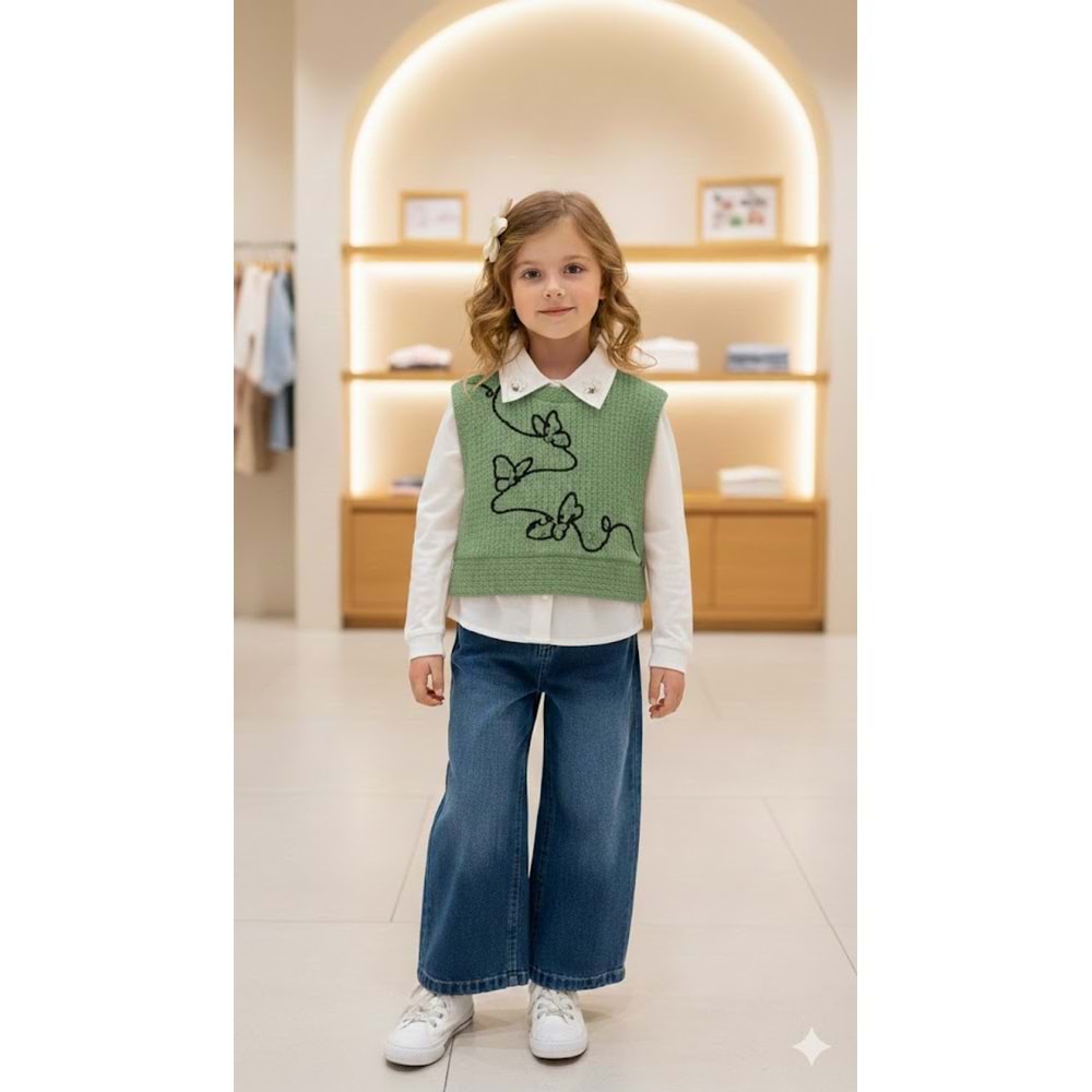 Miss Elitte Kelebek Detaylı Süveterli 3 lü Takım 2-5 Yş-1017912 - SU YEŞİLİ