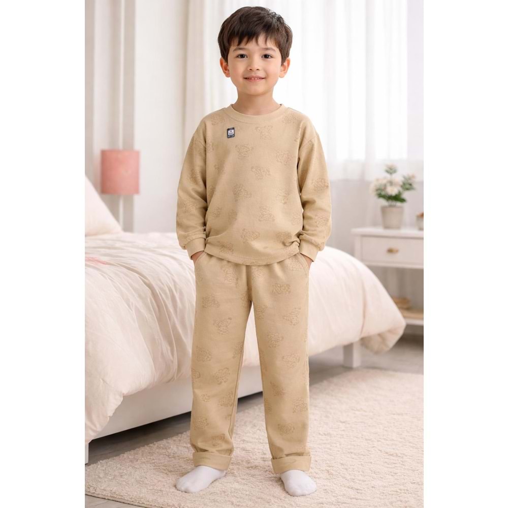 Miniworld Erkek 10-12 Yaş Ayıcık Baskılı Sıfır Yaka Pijama Takımı-19069299 - AÇIK KAHVE
