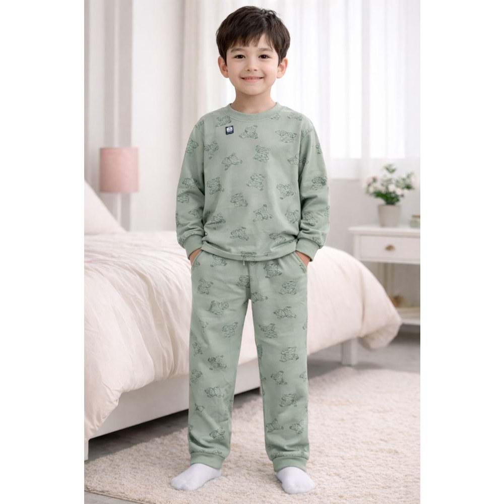 Miniworld Erkek 10-12 Yaş Ayıcık Baskılı Sıfır Yaka Pijama Takımı-19069299 - AÇIK YEŞİL