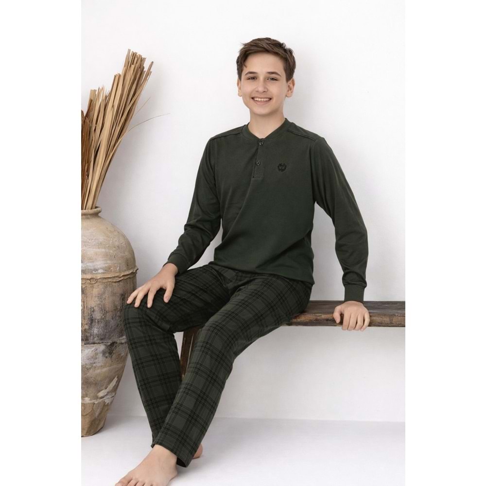 Tarık 11-16 Yaş Erkek Çocuk Pijama Takım T Armalı-4212310 - HAKİ YEŞİL