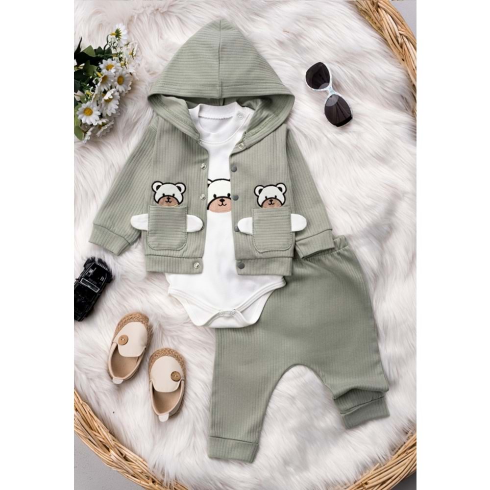 Mini Pakel Ayıcık Desenli Erkek 3 Lü Takım 3-12 Aylık -1481311 - SU YEŞİLİ