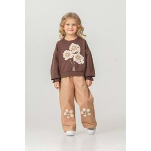 Harby Kids Çiçek Nakışlı Kız Pantolonlu İkili Takım 3-10 Yaş -103430 - KAHVERENGİ