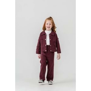 Harby Kids Kız Çiçek Desenli Keten Ceketli Pantolonlu 3 Lü Takım 3-10 Yaş -135670 - BORDO