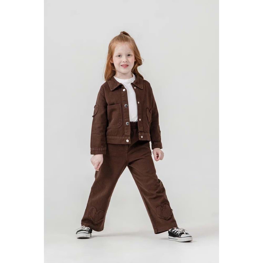 Harby Kids Kız Çiçek Desenli Keten Ceketli Pantolonlu 3 Lü Takım 3-10 Yaş -135670 - KAHVERENGİ