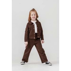 Harby Kids Kız Çiçek Desenli Keten Ceketli Pantolonlu 3 Lü Takım 3-10 Yaş -135670 - KAHVERENGİ