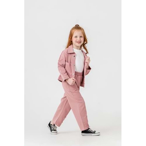 Harby Kids Kız Çiçek Desenli Keten Ceketli Pantolonlu 3 Lü Takım 3-10 Yaş -135670 - PEMBE