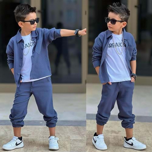 Müslin Gömlekli Badili Erkek 3 Lü Takım 5-14 Yaş -12001650 - GRİ