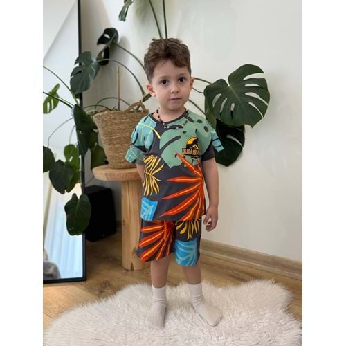 West Jurassıc Park Baskılı Palmiye Desenli Erkek Şortlu Takım 2-8 Yaş -8181240 - GRİ