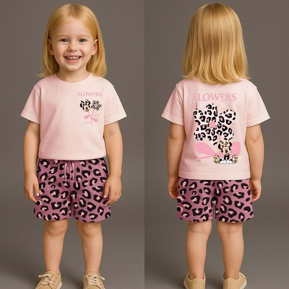 West Flowers Desenli Leoparlı Şortlu Kız 2 Li Takım 2-8 Yaş -8161240 - PEMBE