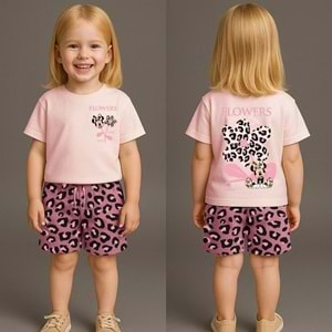 West Flowers Desenli Leoparlı Şortlu Kız 2 Li Takım 2-8 Yaş -8161240 - PEMBE