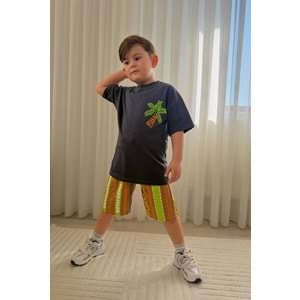 Jeliboom Palmiye Baskılı Penye Şortlu Erkek 2 li Takım 3-10 Yaş -1057220 - GRİ
