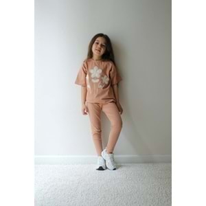 Jeliboom Çiçek Nakışlı Taytlı Kız 2 li Takım 3-10 Yaş -6649220 - AÇIK KAHVE