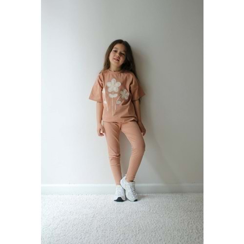 Jeliboom Çiçek Nakışlı Taytlı Kız 2 li Takım 3-10 Yaş -6649220 - AÇIK KAHVE