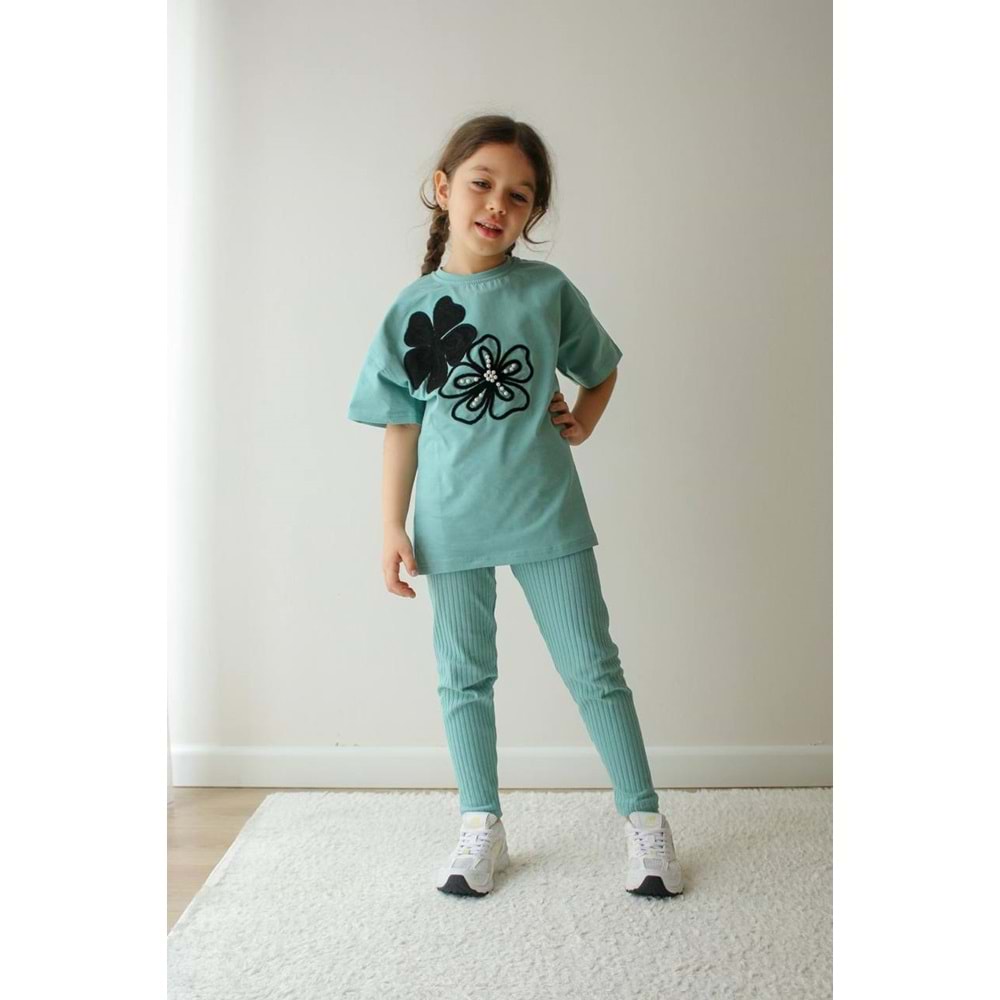 Jeliboom Çiçek Nakışlı Taytlı Kız 2 Li Takım 3-10 Yaş -6620220 - SU YEŞİLİ