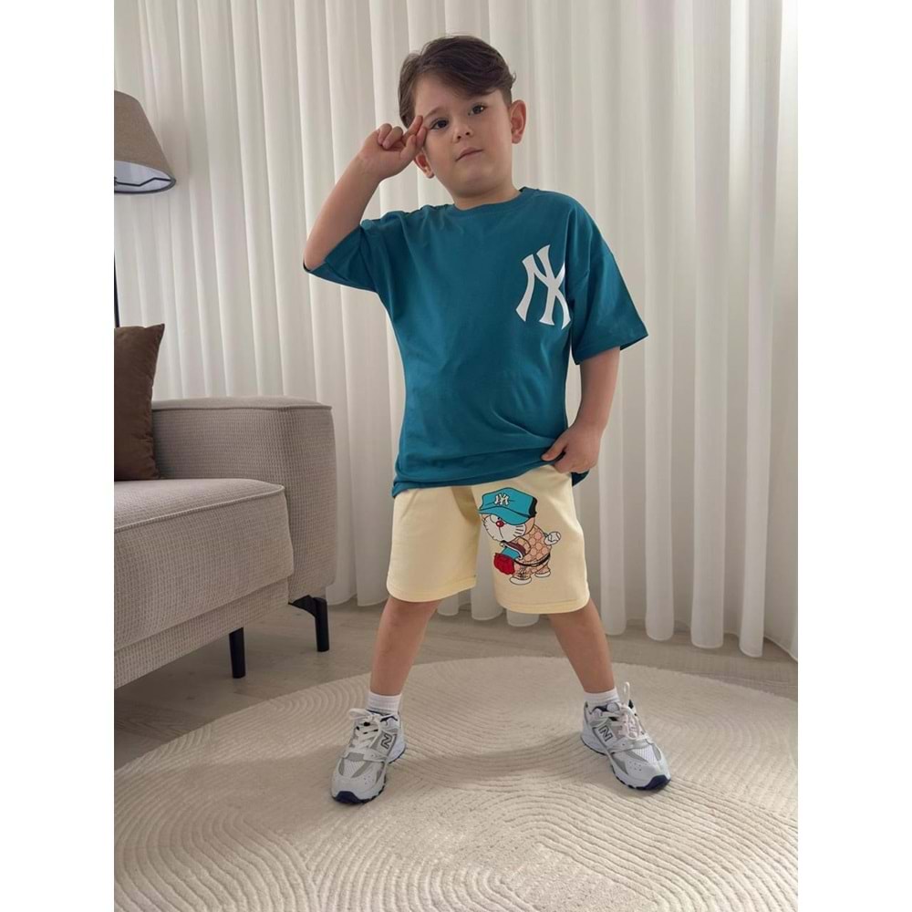 Jeliboom Baskılı Desenli Penye Şortlu Erkek Takım 3-10 Yaş -1015220 - PETROL MAVİSİ