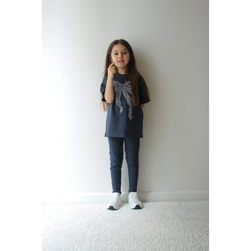 Jeliboom Taşlı Fiyonklu Taytlı Kız 2 li Takım 3-10 Yaş 6656220 - KOYU GRİ