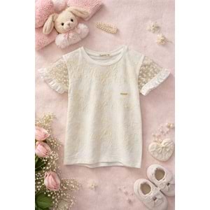 Pançiko Kendinden Çiçek Desenli Kız Tişört 5-12 Yaş -5100140 - KREM