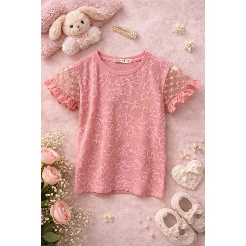 Pançiko Kendinden Çiçek Desenli Kız Tişört 5-12 Yaş -5100140 - PEMBE