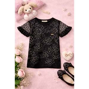Pançiko Kendinden Çiçek Desenli Kız Tişört 5-12 Yaş -5100140 - SİYAH