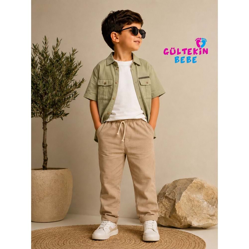Ecco Erkek Müslin Kumaş Gömlekli Jogger Pantolonlu Üçlü Takım 9-12 Yaş -DÜ3908820 - BEJ