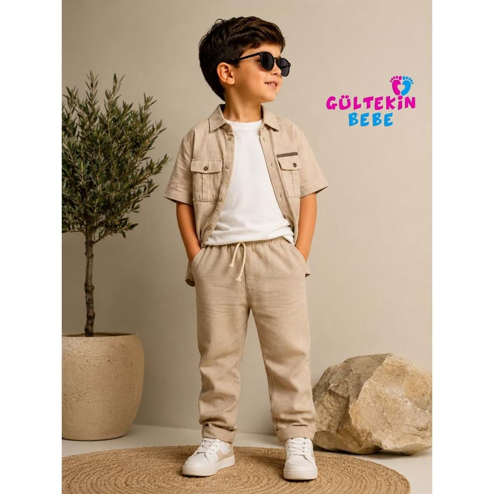Ecco Erkek Müslin Kumaş Gömlekli Jogger Pantolonlu Üçlü Takım 9-12 Yaş -DÜ3908820 - BEJ
